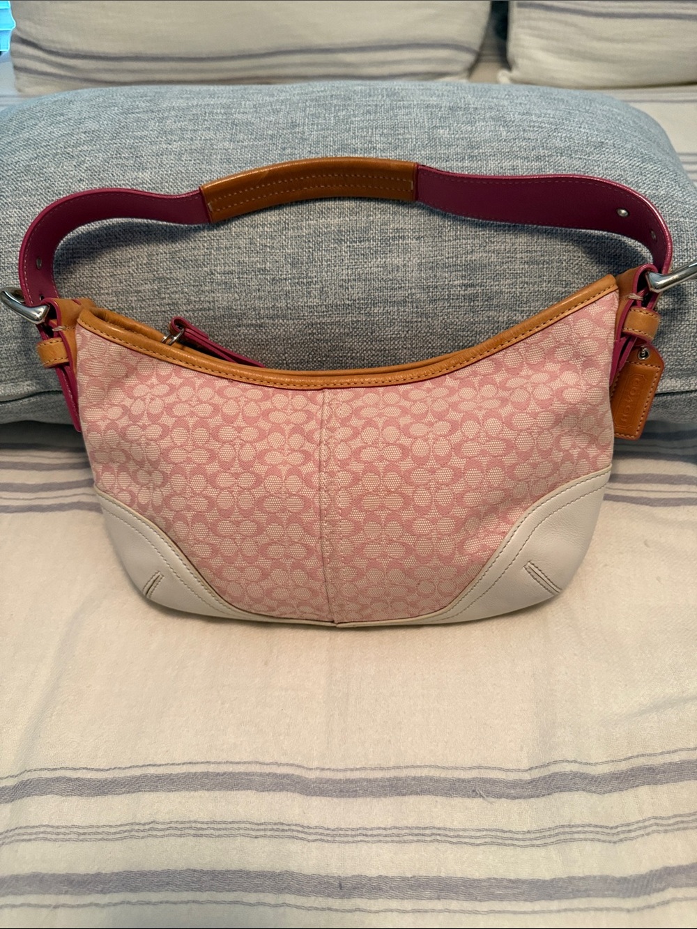 Coach Pink Signature Canvas Hobo with Tan & White Accents